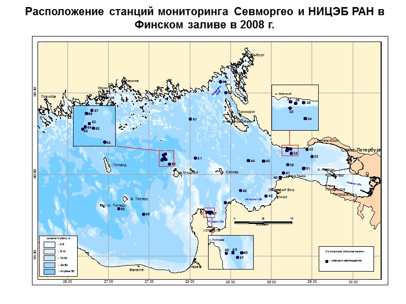 Расположение станций мониторинга Севморгео и НИЦЭБ РАН в Финском заливе в 2008 г.